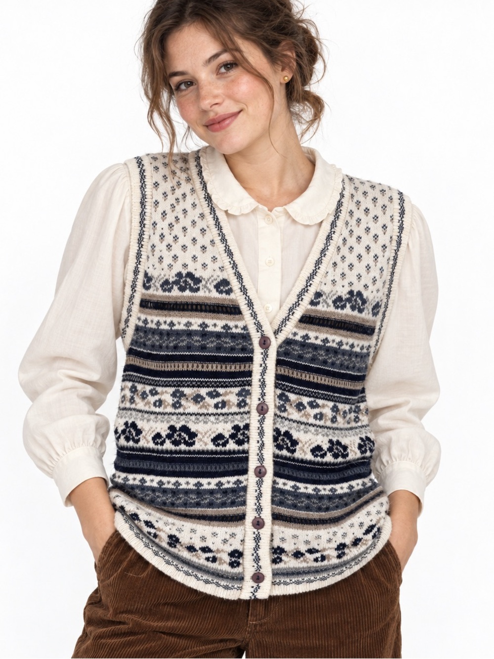 Vintage 90s Weekend Edition Fair Isle Knit Sweater Vest Medium cream blue